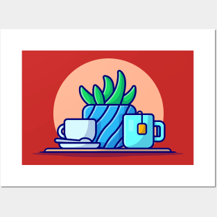 Hot Tea, coffee And Plant Cartoon Vector Icon Illustration Posters and Art